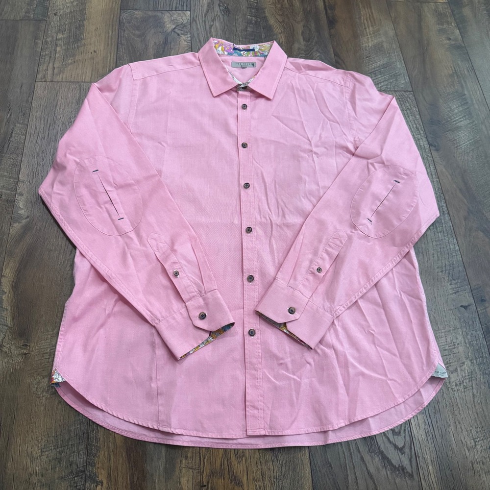 Ted Baker London Mens 6 XL Pink Cotton Floral Trim Button Down Shirt Elbow Patch